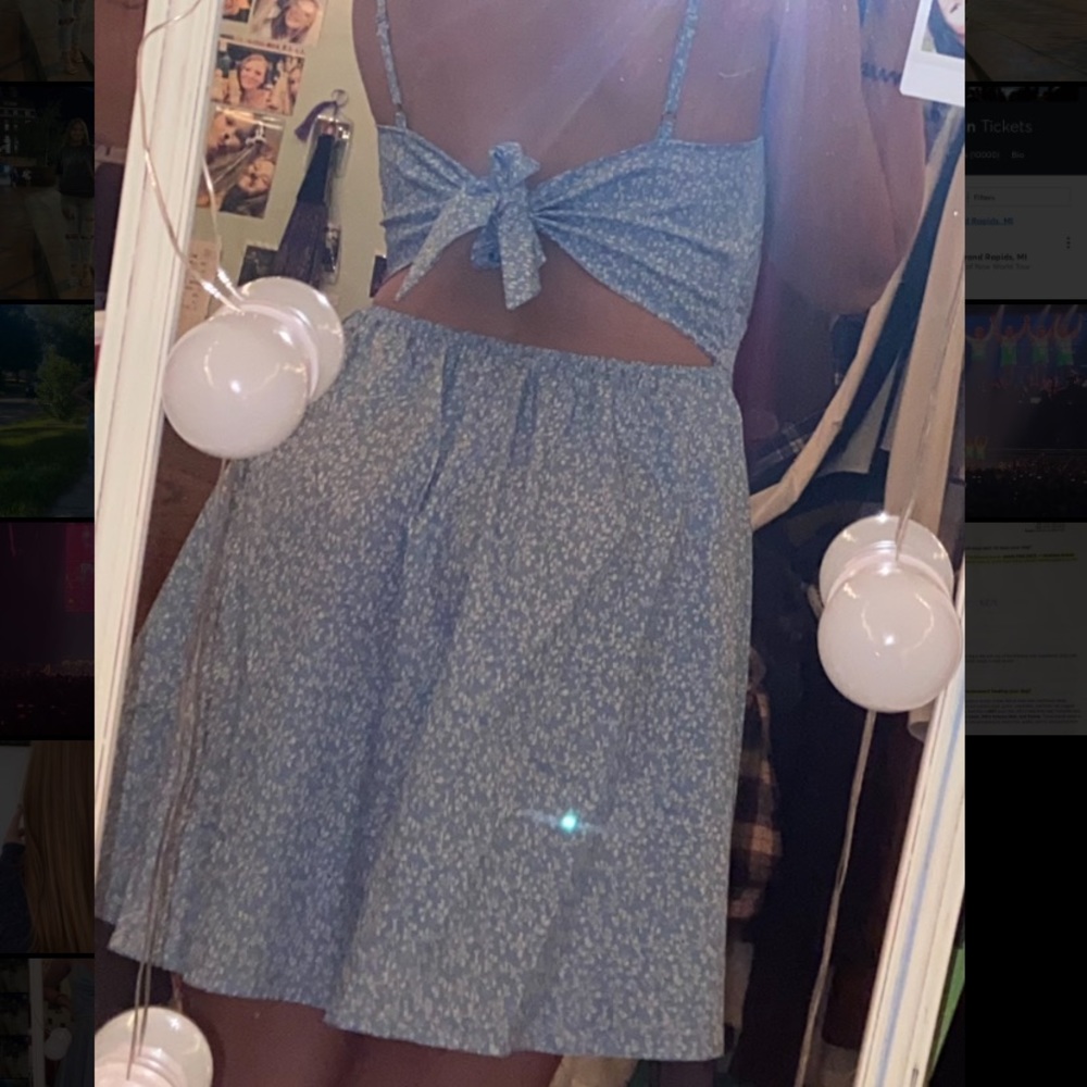 Baby blue dress with pattern from shein size Medium. I am 5’2 for reference